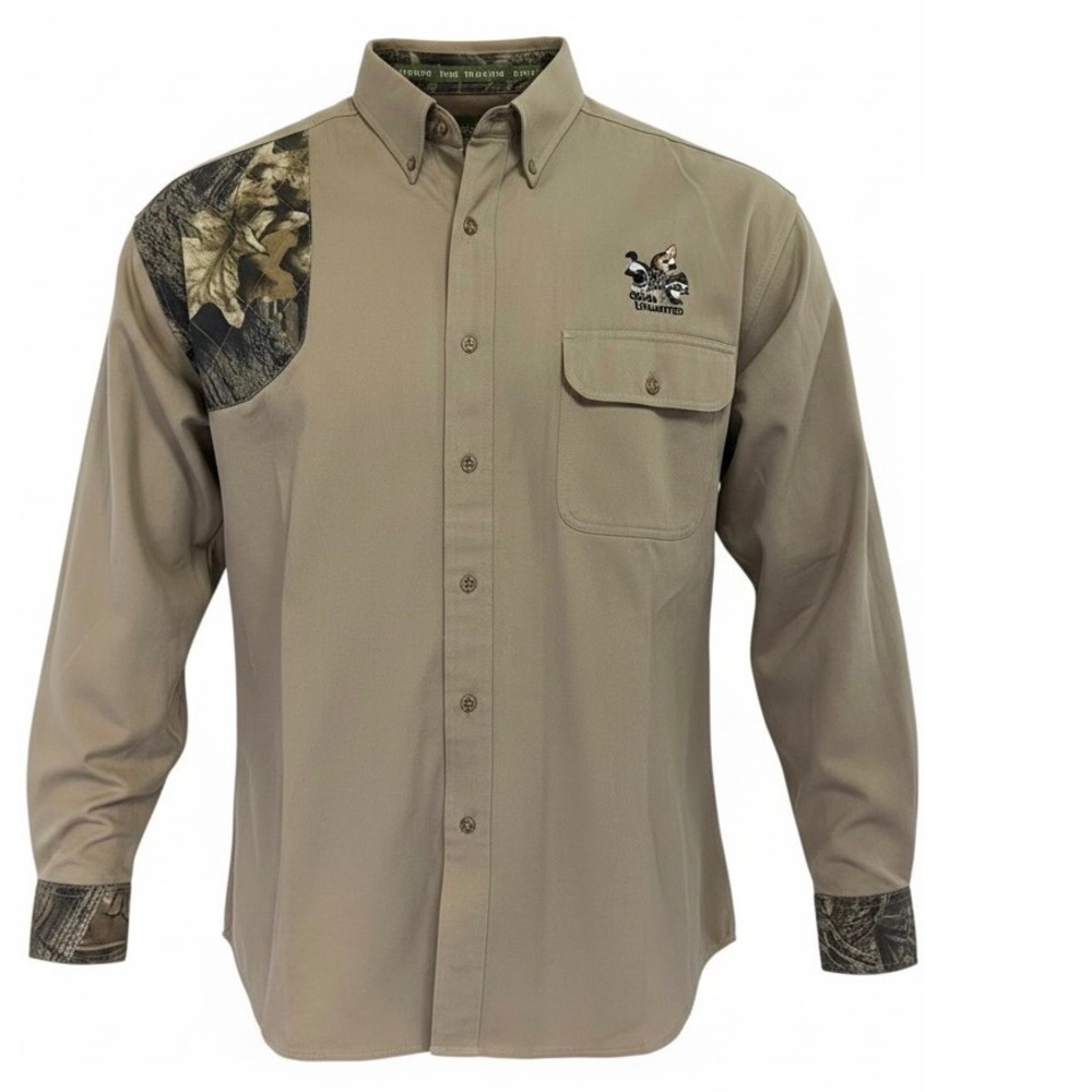 Quail Unlimited Embroidered Mens XL Tan Shooting Shirt padded Shoulder (R15)